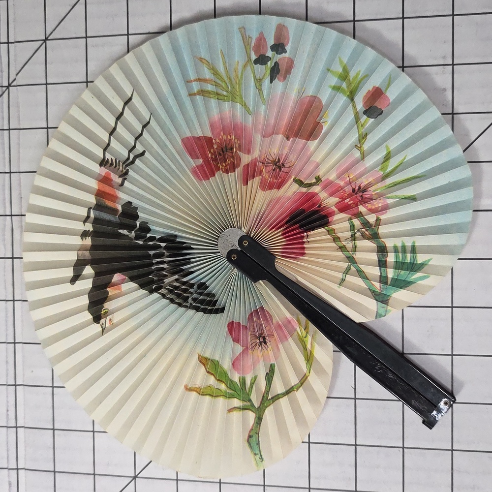 Chinese Paper Folding Hand Fan W/Metal Handle, Vintage Mid-Century, 20 of 25